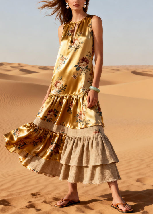 Natural Golden Asymmetrical Patchwork Print Linen Silk Maxi Dresses Sleeveless