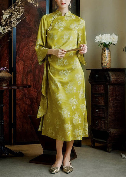 Natural Grass Green Asymmetrical Jacquard Silk Ankle Dress Summer