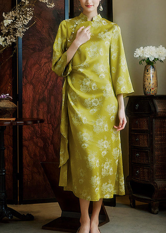 Natural Grass Green Asymmetrical Jacquard Silk Ankle Dress Summer