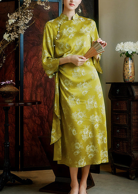 Natural Grass Green Asymmetrical Jacquard Silk Ankle Dress Summer