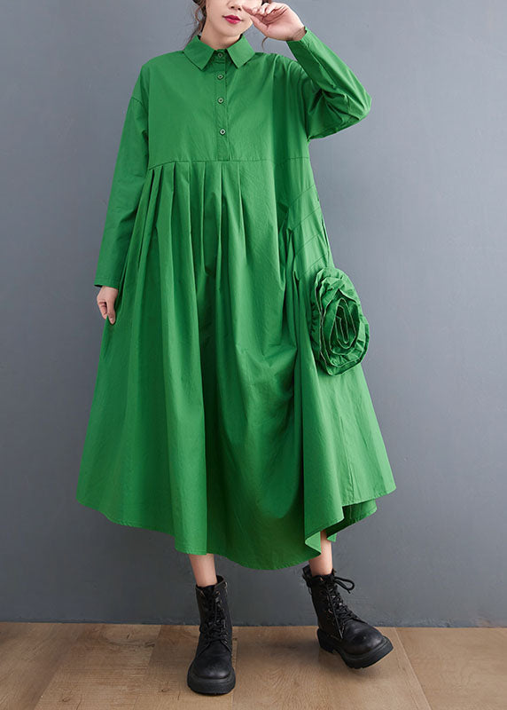Natural Green Asymmetrical Floral Cotton shirts Dress Spring