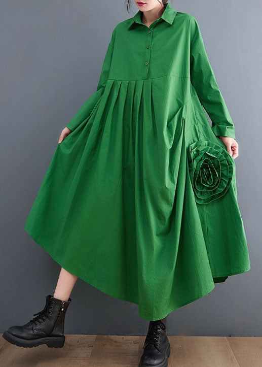 Natural Green Asymmetrical Floral Cotton shirts Dress Spring