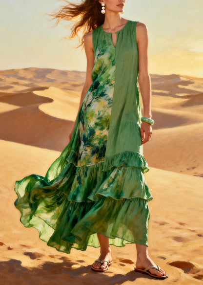 Natural Green Asymmetrical Patchwork Chiffon Long Dresses Summer