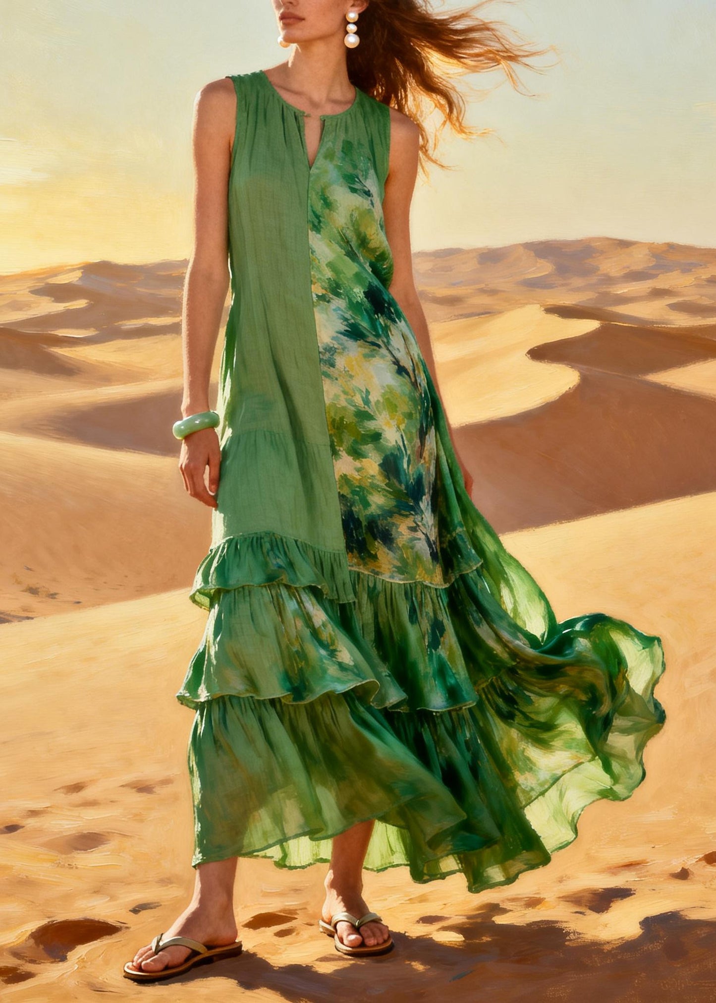 Natural Green Asymmetrical Patchwork Chiffon Long Dresses Summer
