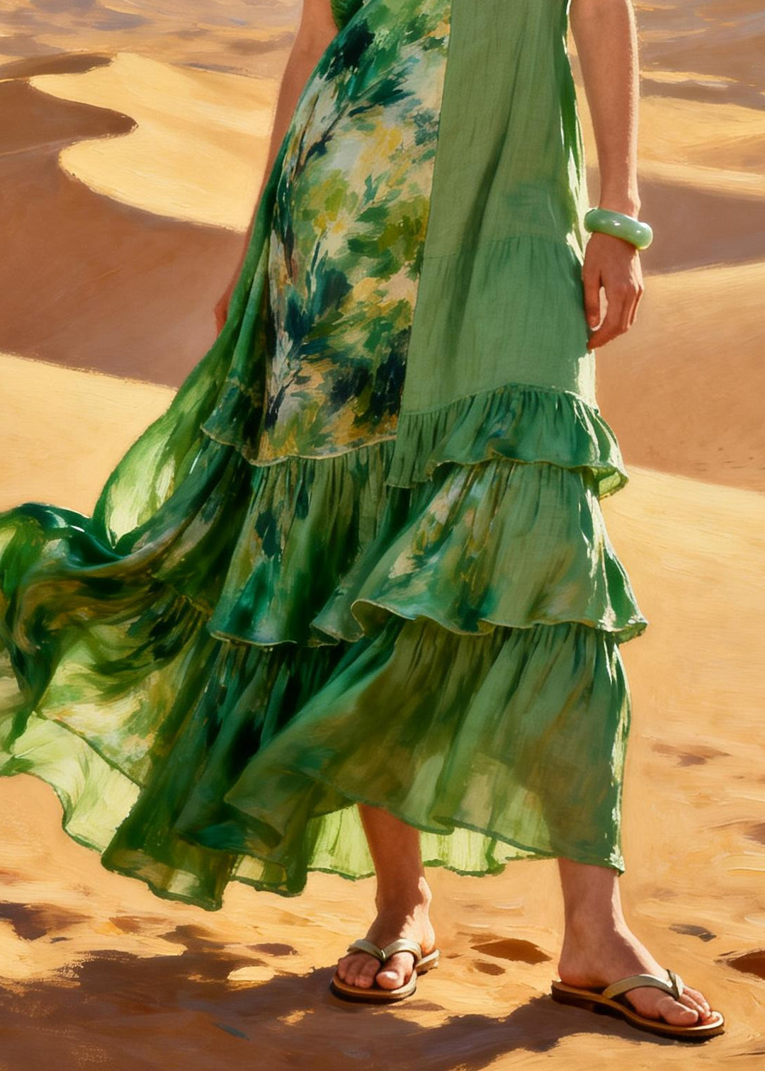 Natural Green Asymmetrical Patchwork Chiffon Long Dresses Summer