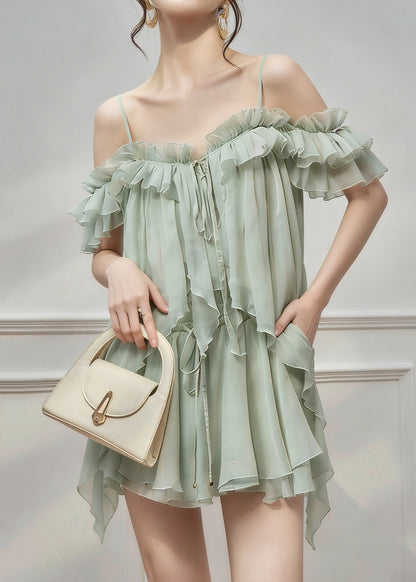 Natural Green Cold Shoulder Asymmetrical Chiffon Top And Skirts Two Pieces Set Sleeveless