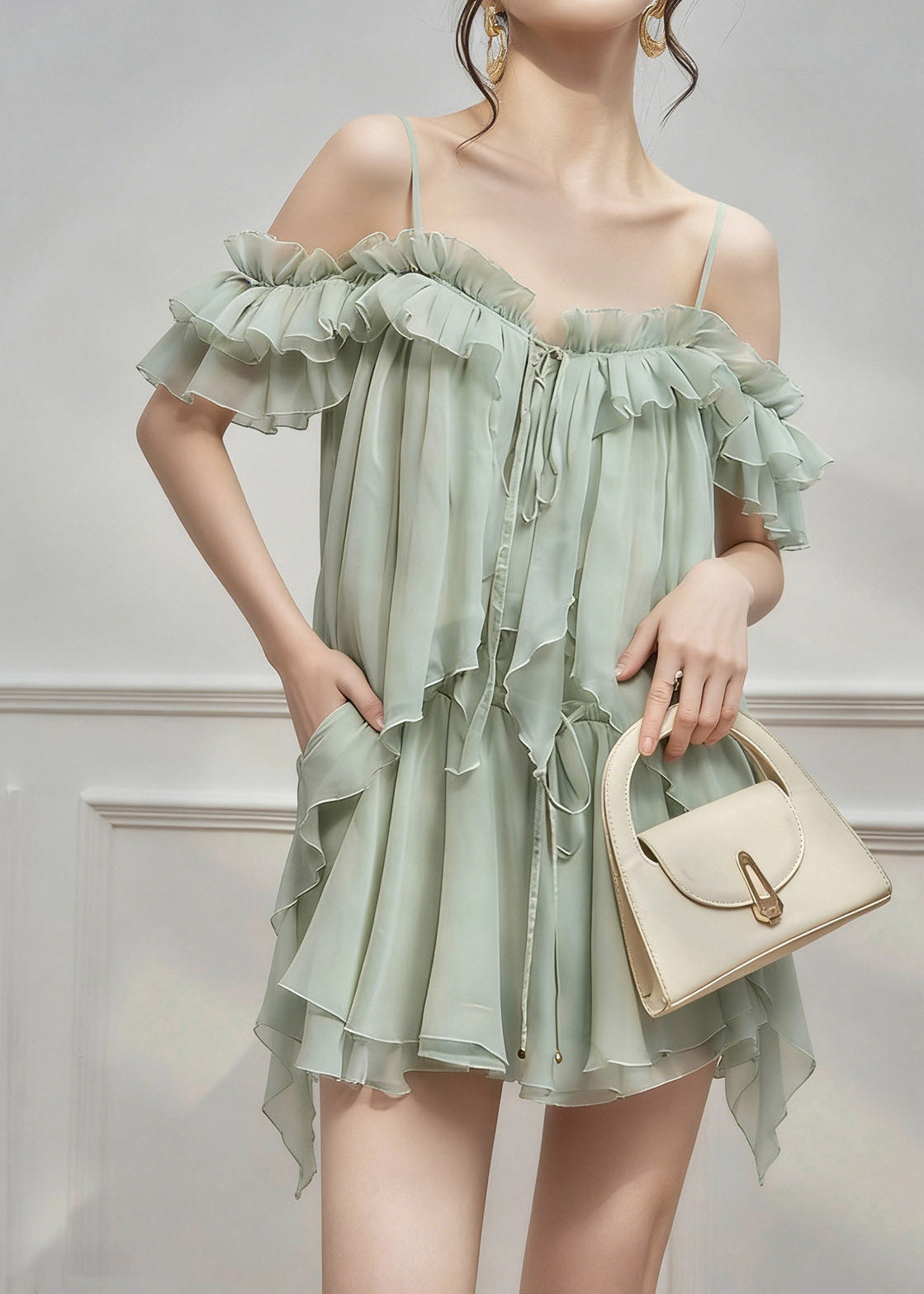 Natural Green Cold Shoulder Asymmetrical Chiffon Top And Skirts Two Pieces Set Sleeveless