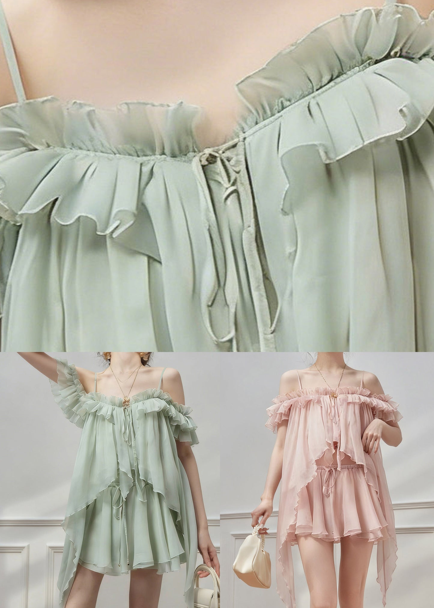 Natural Green Cold Shoulder Asymmetrical Chiffon Top And Skirts Two Pieces Set Sleeveless