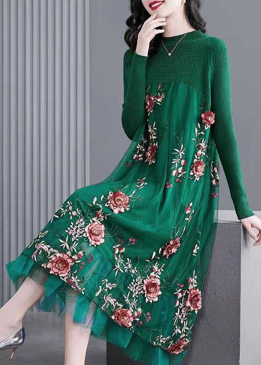 Natural Green Embroidered Patchwork Knit Long Dress Spring