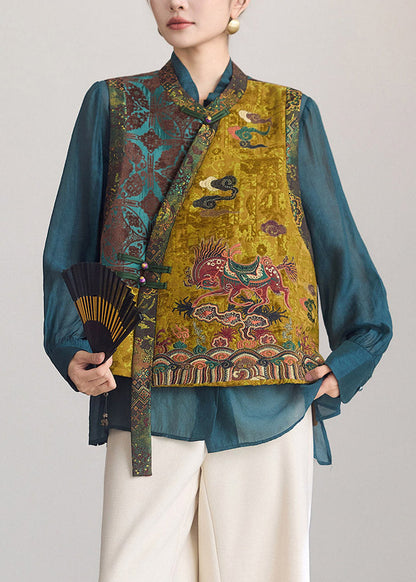 Natural Green O-Neck Asymmetrical Patchwork Waistcoat Sleeveless