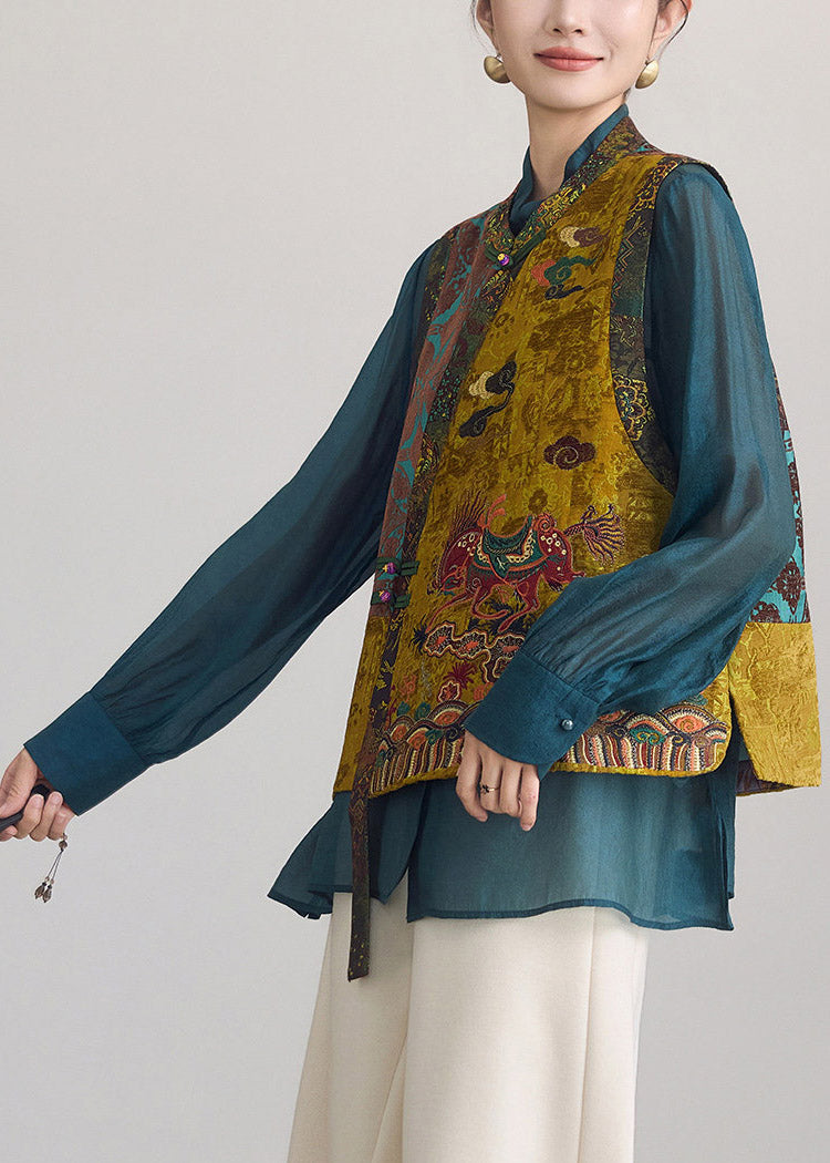 Natural Green O-Neck Asymmetrical Patchwork Waistcoat Sleeveless