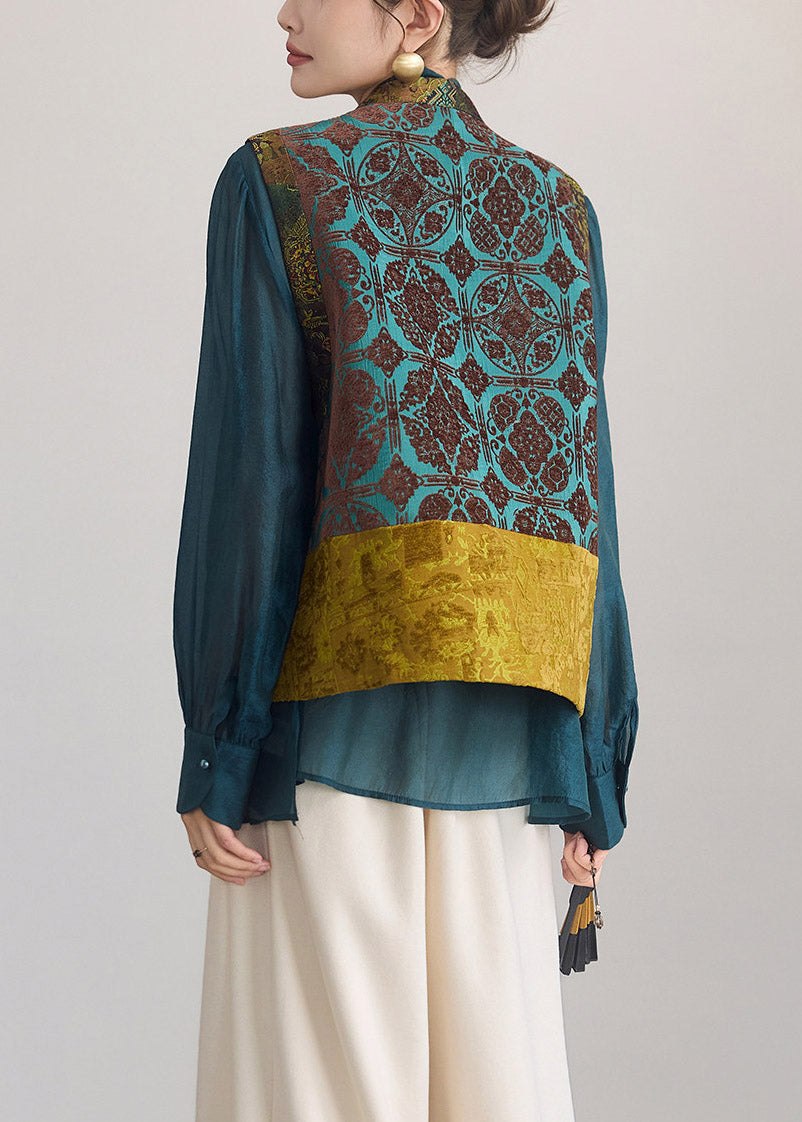 Natural Green O-Neck Asymmetrical Patchwork Waistcoat Sleeveless
