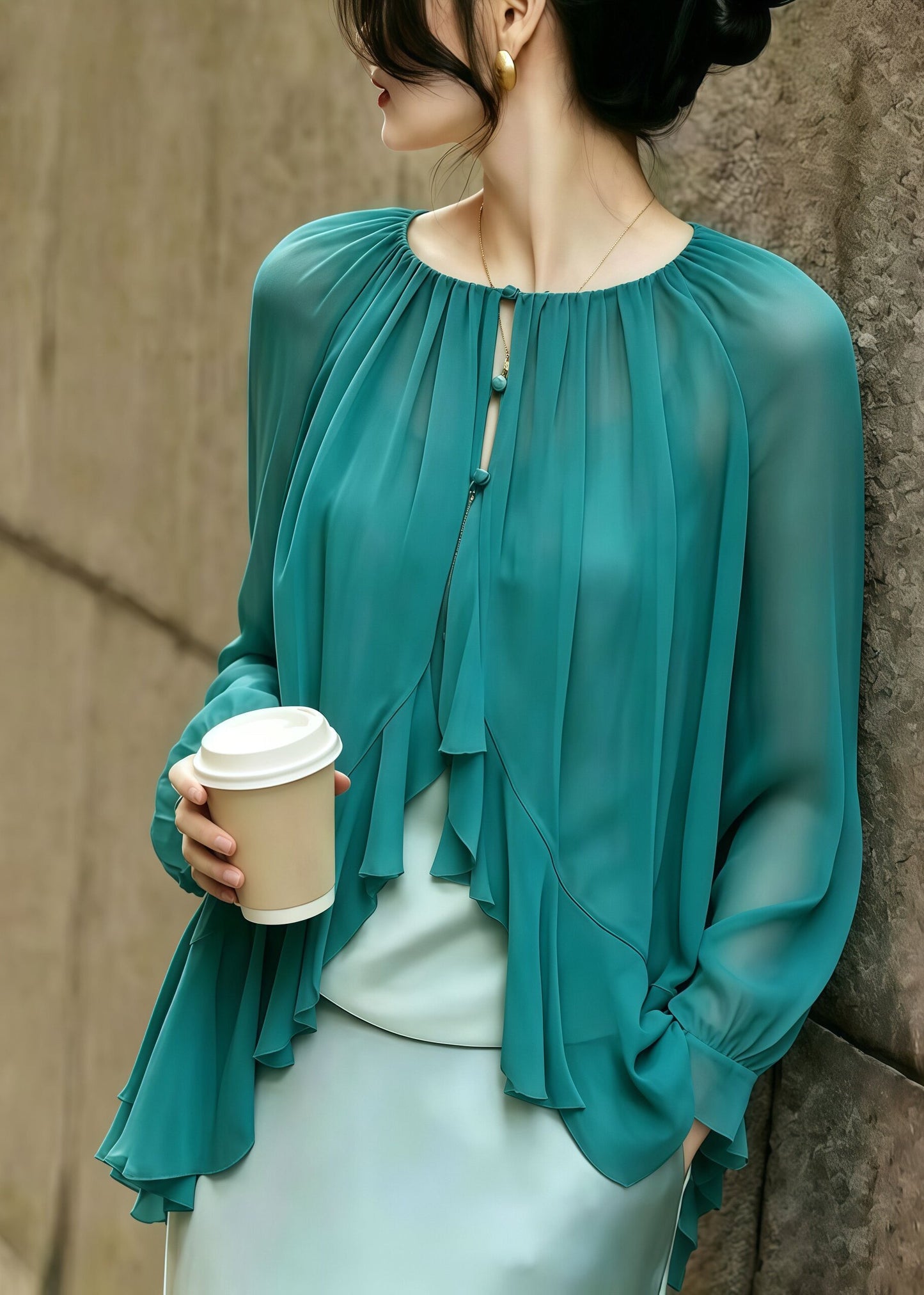 Natural Green O-Neck Ruffled Chiffon Shirt Summer