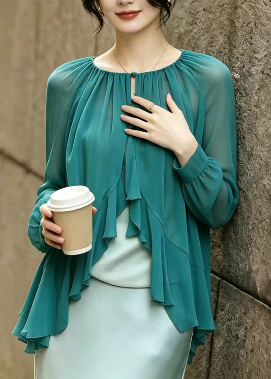 Natural Green O-Neck Ruffled Chiffon Shirt Summer