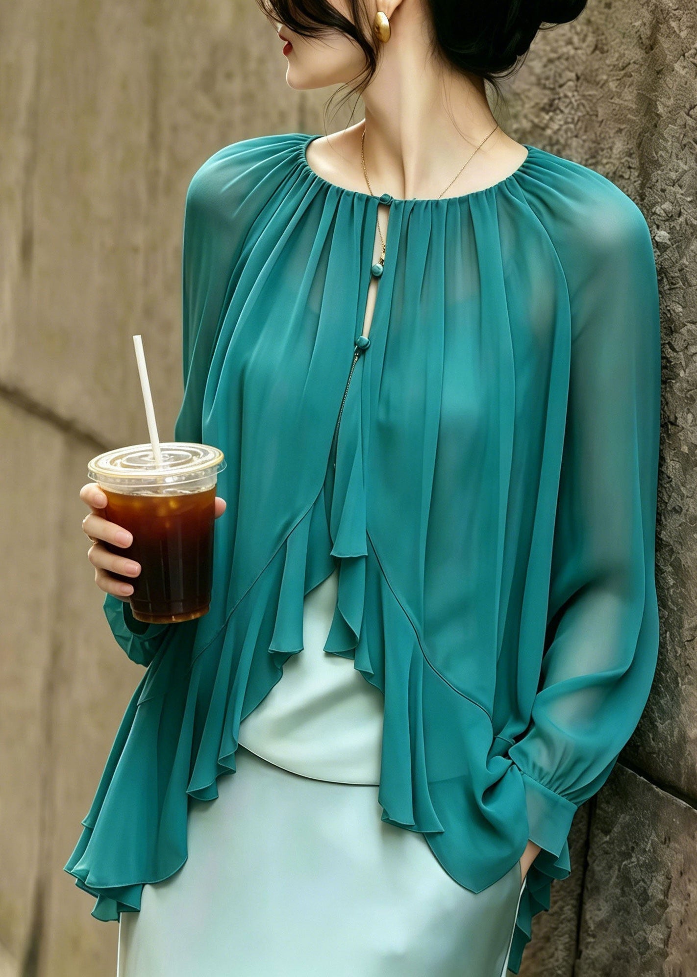 Natural Green O-Neck Ruffled Chiffon Shirt Summer