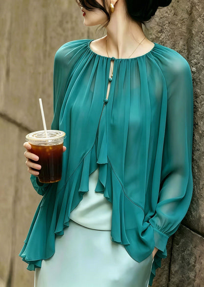 Natural Green O-Neck Ruffled Chiffon Shirt Summer
