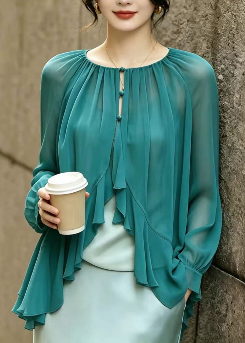 Natural Green O-Neck Ruffled Chiffon Shirt Summer