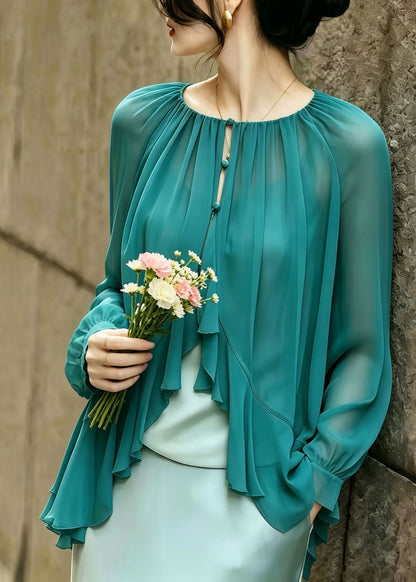 Natural Green O-Neck Ruffled Chiffon Shirt Summer