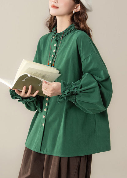 Natural Green Patchwork Button Solid Shirt Fall