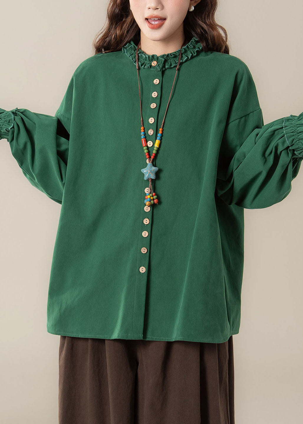 Natural Green Patchwork Button Solid Shirt Fall