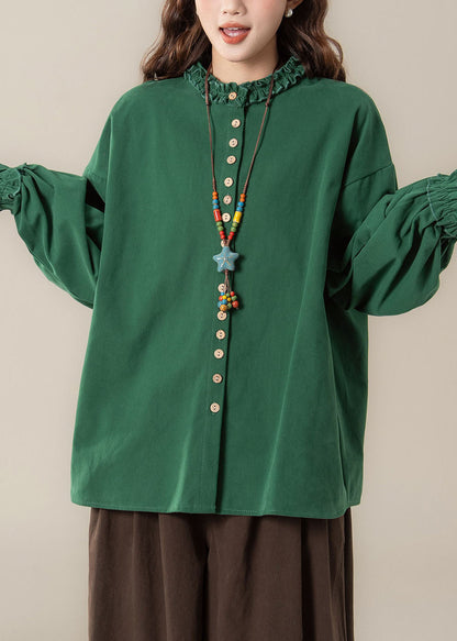 Natural Green Patchwork Button Solid Shirt Fall