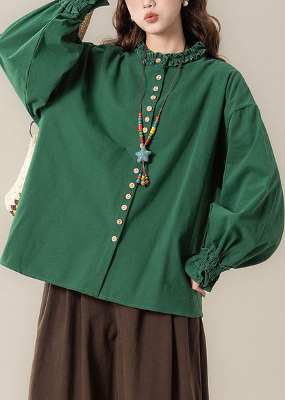 Natural Green Patchwork Button Solid Shirt Fall