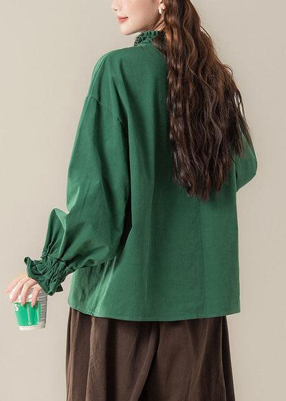 Natural Green Patchwork Button Solid Shirt Fall