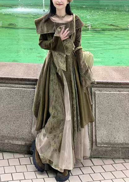 Natural Green Peter Pan Collar Lace Patchwork Long Dresses Flare Sleeve