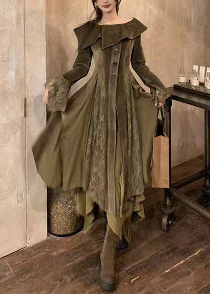 Natural Green Peter Pan Collar Lace Patchwork Long Dresses Flare Sleeve