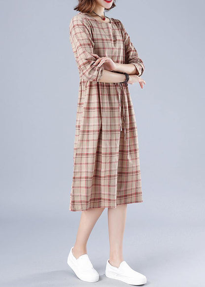 Natural Green Plaid Dresses O Neck Drawstring Knee Spring Dress - SooLinen