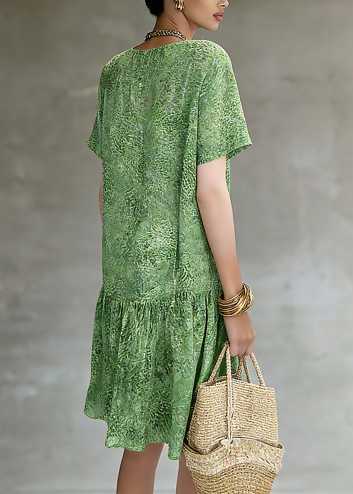 Natural Green Print Patchwork Long Dresses Short Sleeve