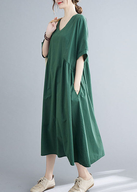 Natural Green Solid Color Patchwork Cotton Long Dress Short Sleeve