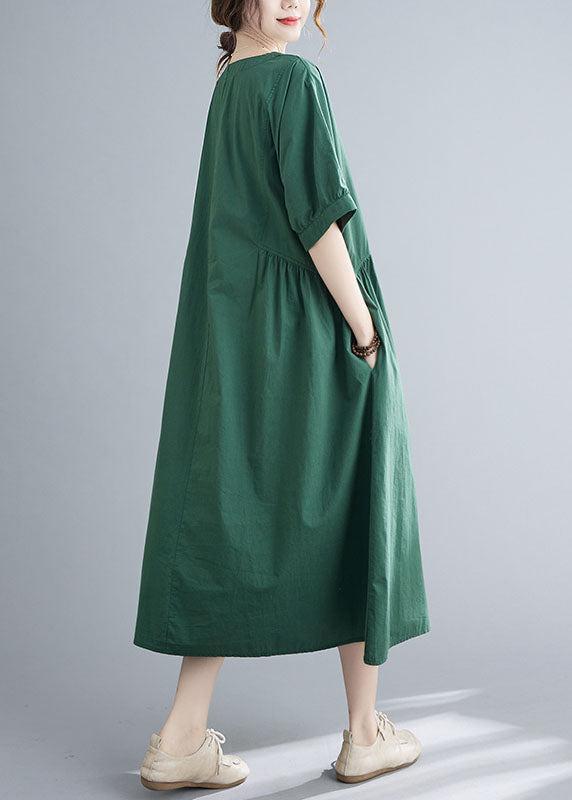 Natural Green Solid Color Patchwork Cotton Long Dress Short Sleeve
