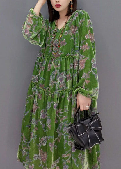 Natural Green V Neck Hooded Velour Dress Spring