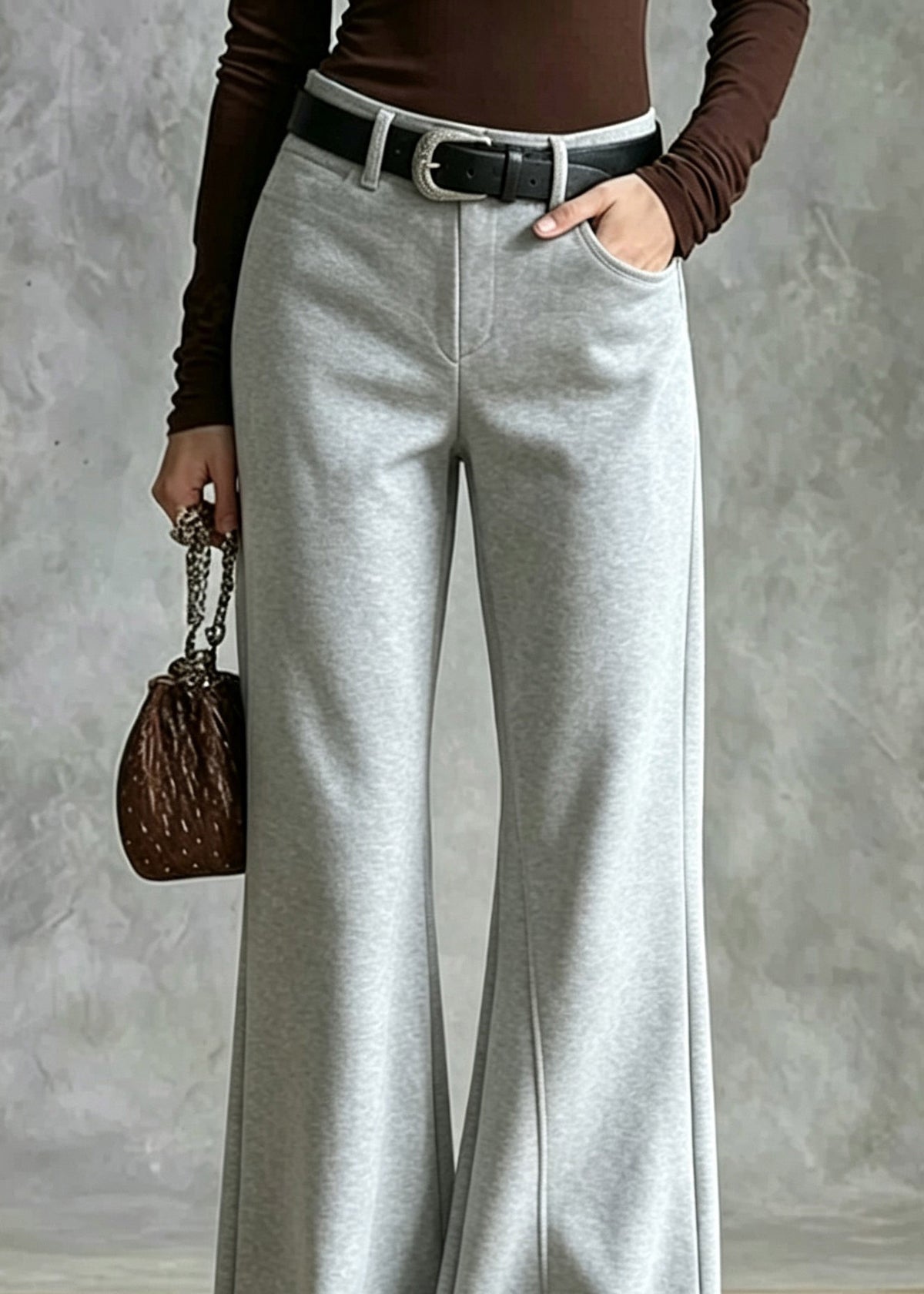 Natural Grey High Waist Solid Wide Leg Pants
