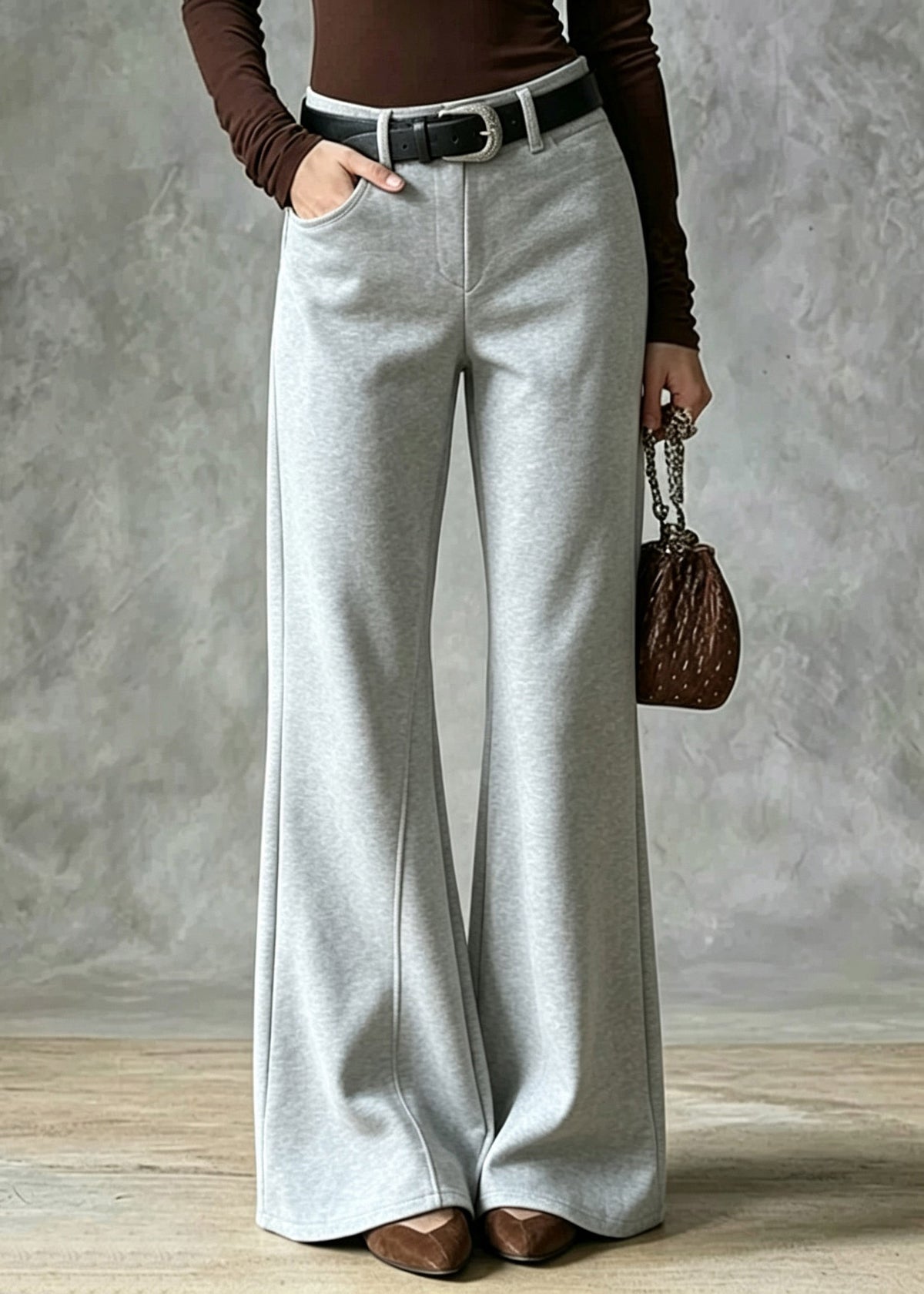 Natural Grey High Waist Solid Wide Leg Pants
