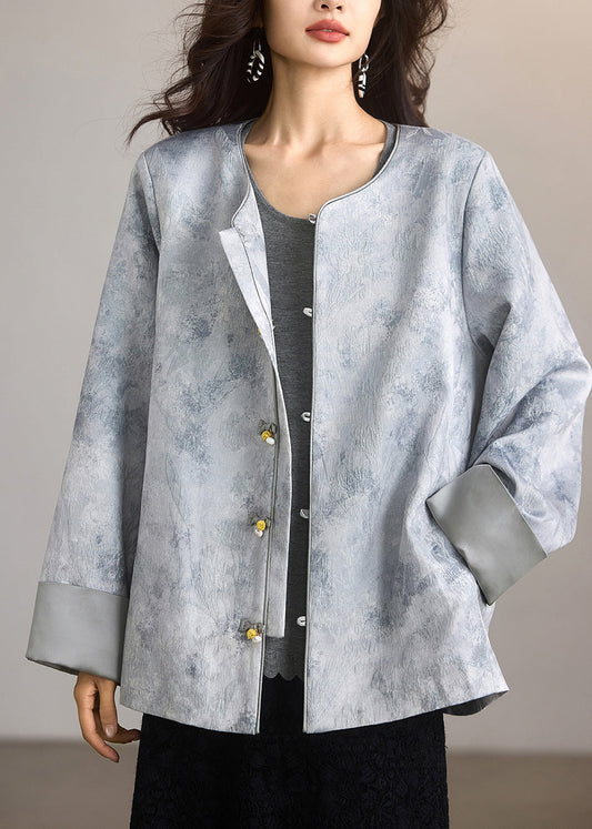 Natural Grey Jacquard Chinese Button Silk Coat Outwear Spring