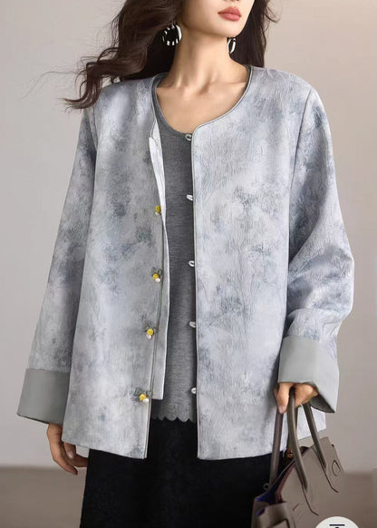Natural Grey Jacquard Chinese Button Silk Coat Outwear Spring
