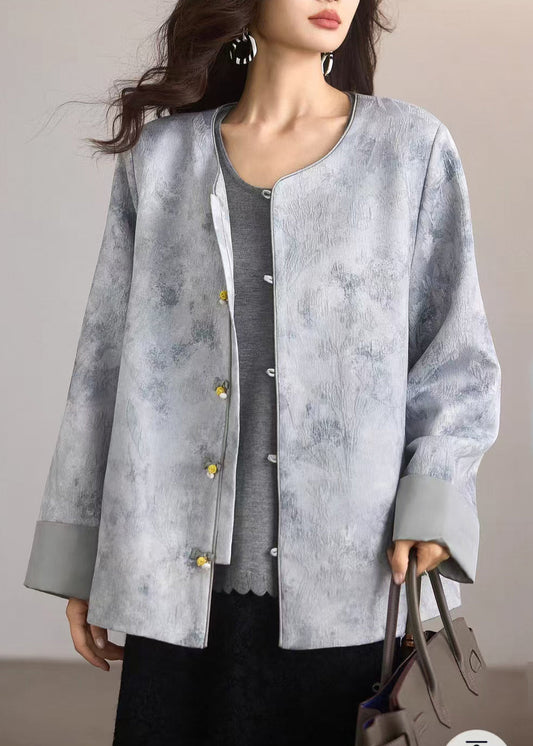 Natural Grey Jacquard Chinese Button Silk Coat Outwear Spring