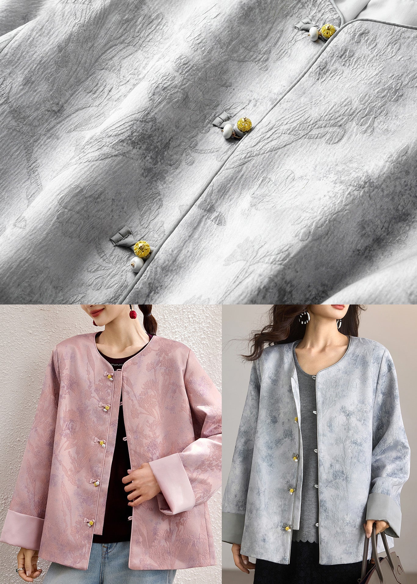 Natural Grey Jacquard Chinese Button Silk Coat Outwear Spring