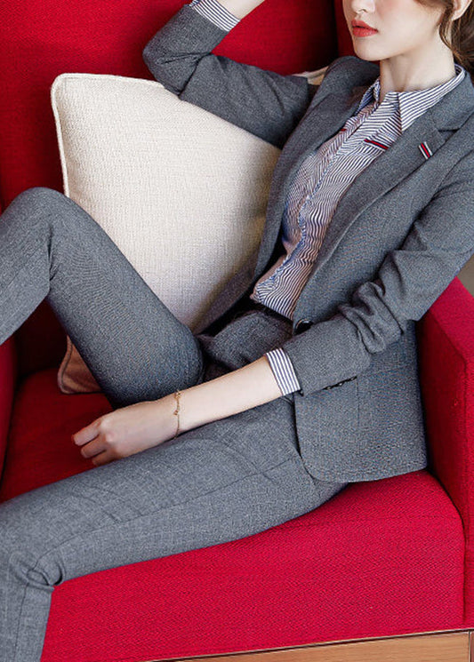 Natural Grey Notched Patchwork Blazer And Crop Straight Pants Two Pieces Set Long Sleeve