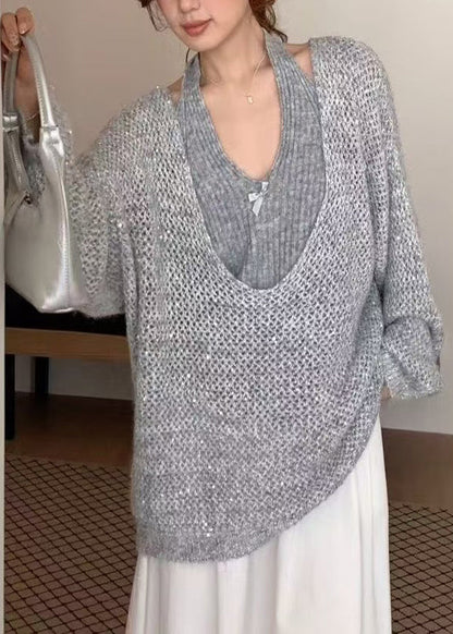 Natural Grey Oversized Halter Knit Two Piece Set Outfits Winter