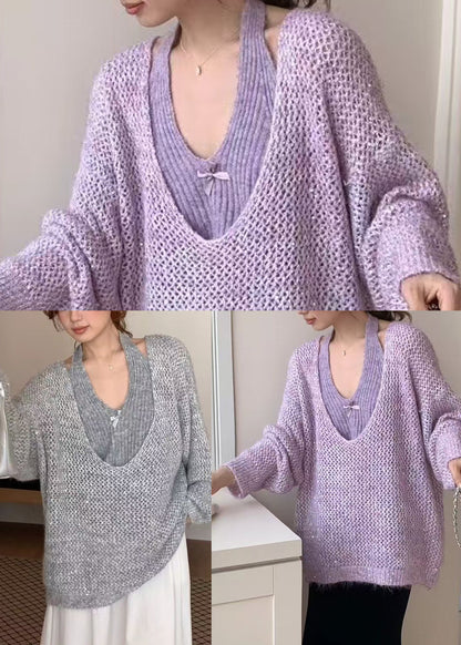 Natural Grey Oversized Halter Knit Two Piece Set Outfits Winter