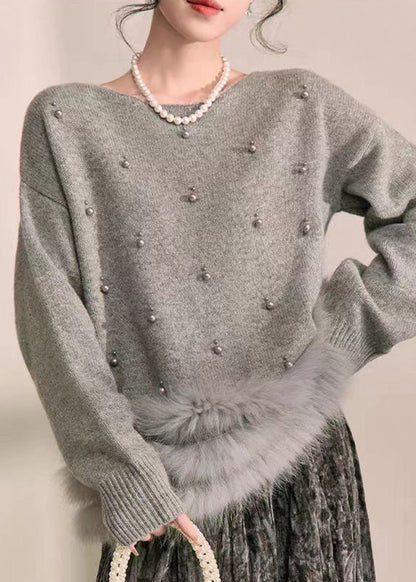 Natural Grey Patchwork Nail Bead Fuzzy Fur Fluffy Cotton Knit Sweater Spring