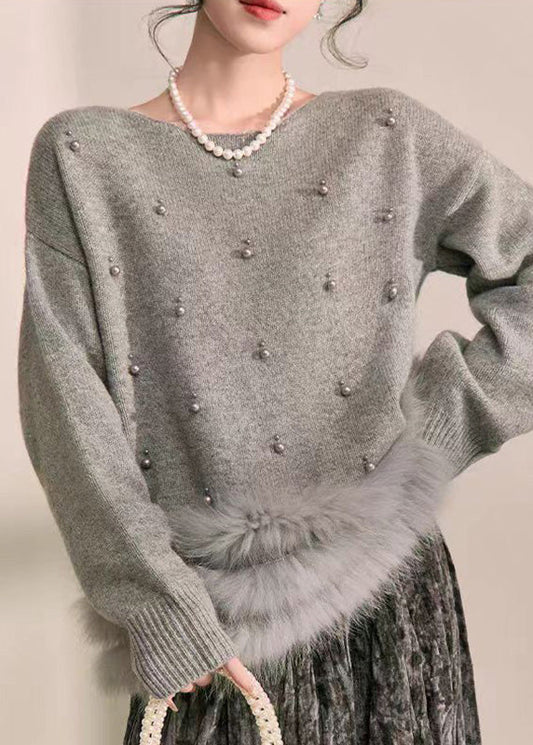 Natural Grey Patchwork Nail Bead Fuzzy Fur Fluffy Cotton Knit Sweater Spring