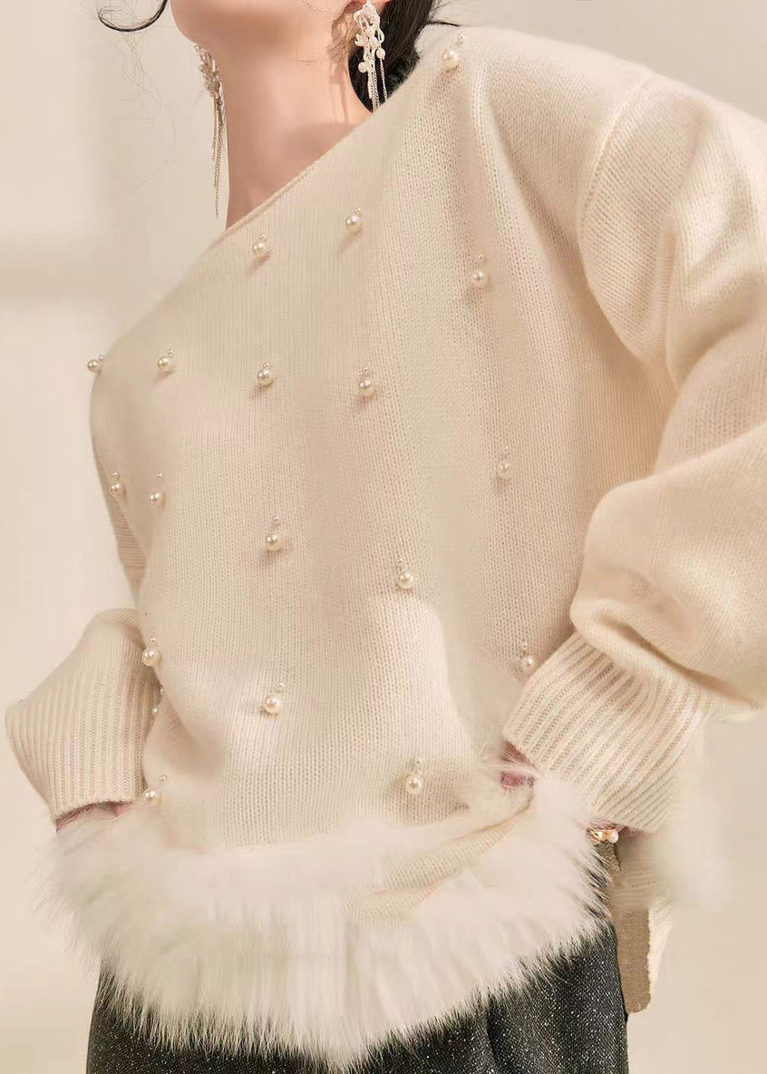 Natural Grey Patchwork Nail Bead Fuzzy Fur Fluffy Cotton Knit Sweater Spring