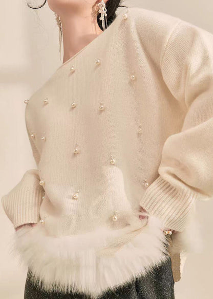 Natural Grey Patchwork Nail Bead Fuzzy Fur Fluffy Cotton Knit Sweater Spring