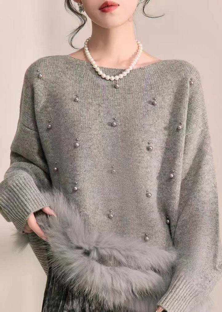 Natural Grey Patchwork Nail Bead Fuzzy Fur Fluffy Cotton Knit Sweater Spring