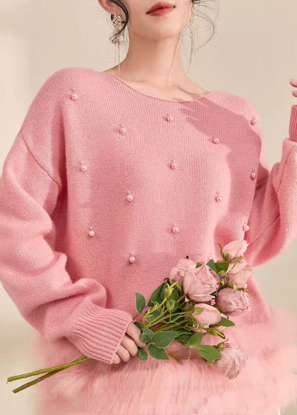 Natural Grey Patchwork Nail Bead Fuzzy Fur Fluffy Cotton Knit Sweater Spring