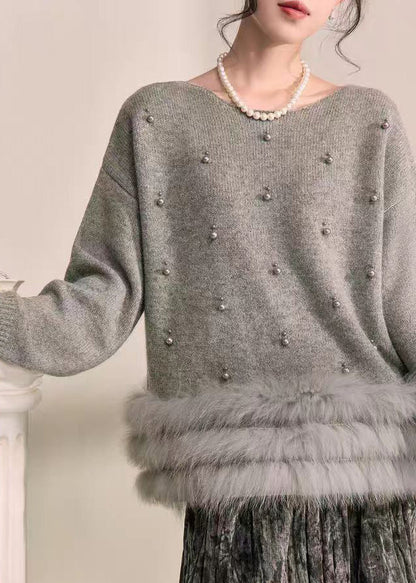 Natural Grey Patchwork Nail Bead Fuzzy Fur Fluffy Cotton Knit Sweater Spring